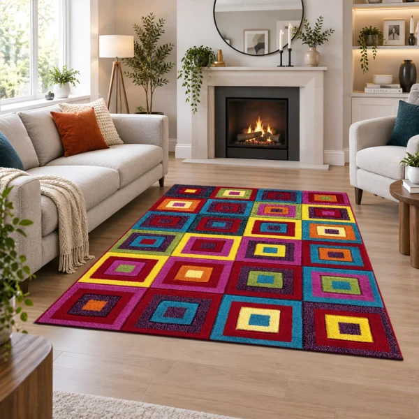 Multi Squares Bright multicolour geometric rug 120 x 170 cm, medium pile with jute backing, in a living room