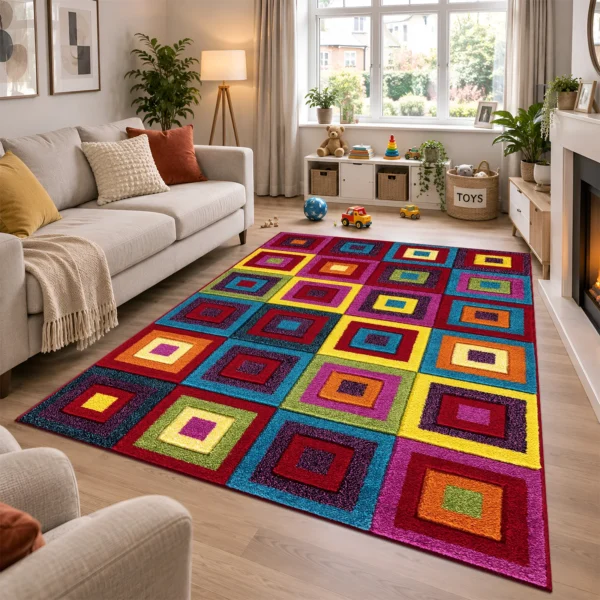 Multi Colour Rug Squares Bright 160 x 230 cm Multi Squares Bright multicolour geometric rug 160 x 230 cm, medium pile with jute backing, in a living room