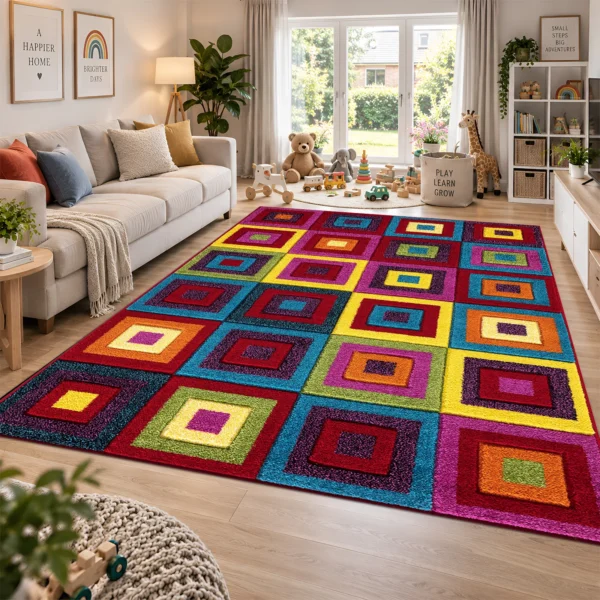 Multi Squares Bright multicolour geometric rug 200 x 290 cm, medium pile with jute backing, in a living room