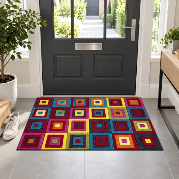 Multi Colour Rug Squares Bright 60 x 110 cm Multi Squares Bright multicolour geometric rug 60 x 110 cm, medium pile with jute backing, in a living room