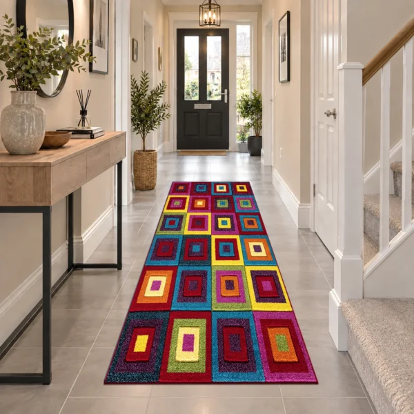 Multi Colour Rug Squares Bright 60 x 220 cm Multi Squares Bright multicolour geometric rug 60 x 220 cm, medium pile with jute backing, in a living room