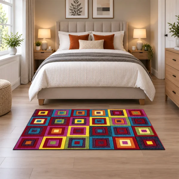 Multi Colour Rug Squares Bright 80 x 150 cm Multi Squares Bright multicolour geometric rug 80 x 150 cm, medium pile with jute backing, in a living room