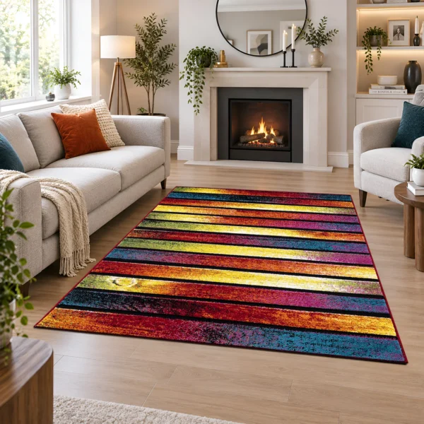 Multi Colour Rug Stripes 120 x 170 cm Multi Stripes multicolour geometric rug 120 x 170 cm, medium pile with jute backing, in a living room