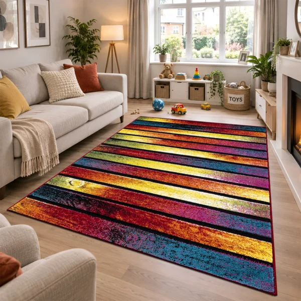 Multi Stripes multicolour geometric rug 160 x 230 cm, medium pile with jute backing, in a living room