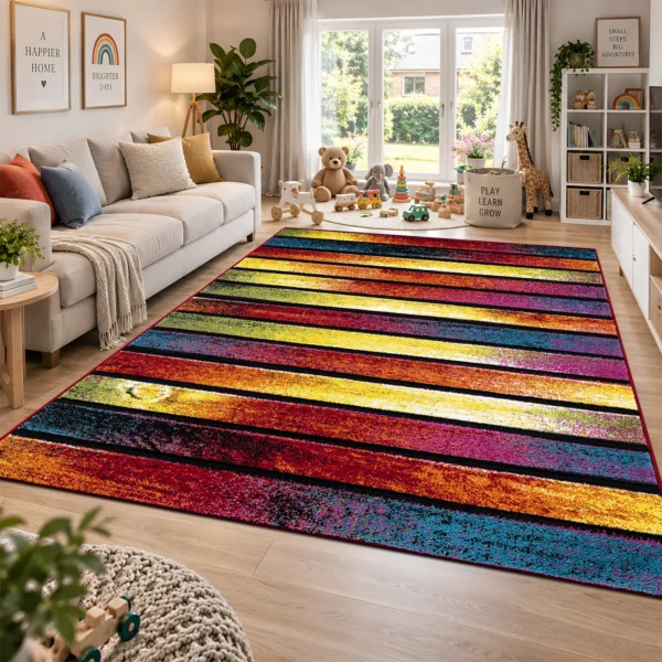 Multi Stripes multicolour geometric rug 200 x 290 cm, medium pile with jute backing, in a living room