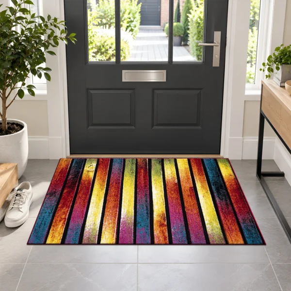 Multi Stripes multicolour geometric rug 60 x 110 cm, medium pile with jute backing, in a living room