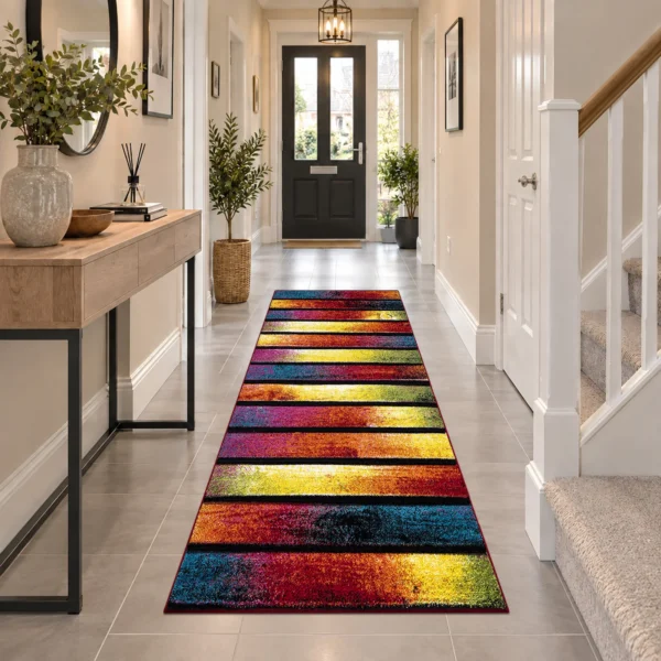 Multi Stripes multicolour geometric rug 60 x 220 cm, medium pile with jute backing, in a living room
