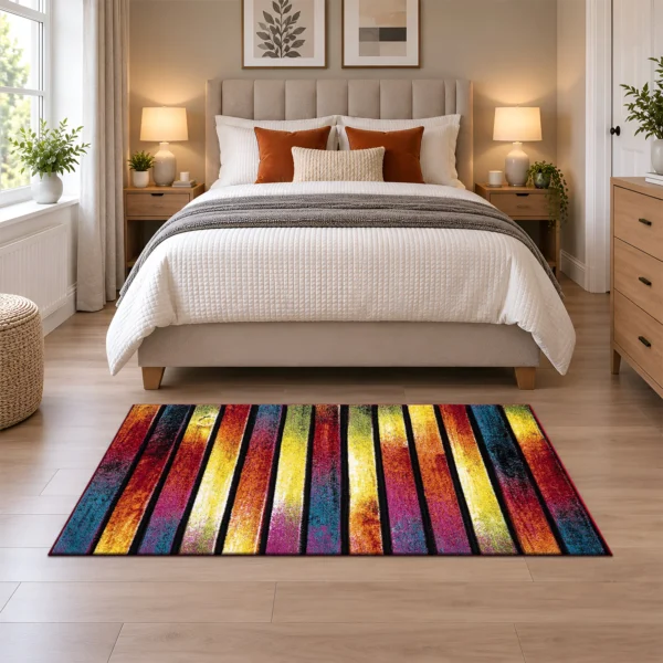 Multi Stripes multicolour geometric rug 80 x 150 cm, medium pile with jute backing, in a living room