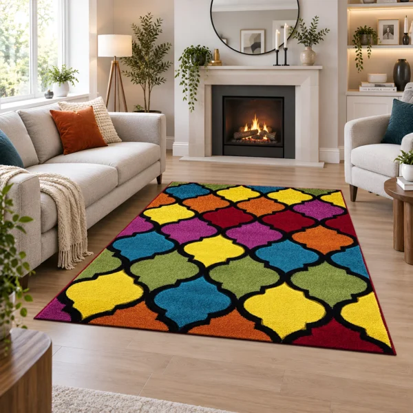 Multi Trellis multicolour geometric rug 120 x 170 cm, medium pile with jute backing, in a living room