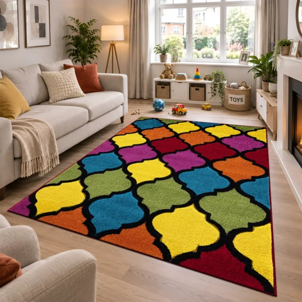 Multi Trellis multicolour geometric rug 160 x 230 cm, medium pile with jute backing, in a living room
