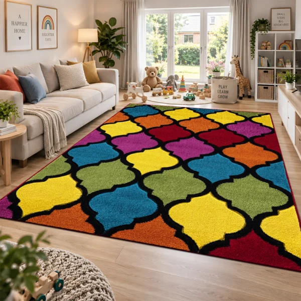 Multi Trellis multicolour geometric rug 200 x 290 cm, medium pile with jute backing, in a living room