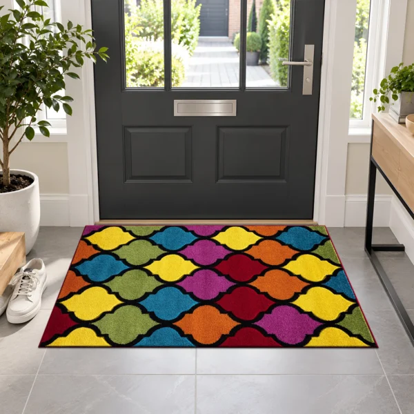 Multi Trellis multicolour geometric rug 60 x 110 cm, medium pile with jute backing, in a living room
