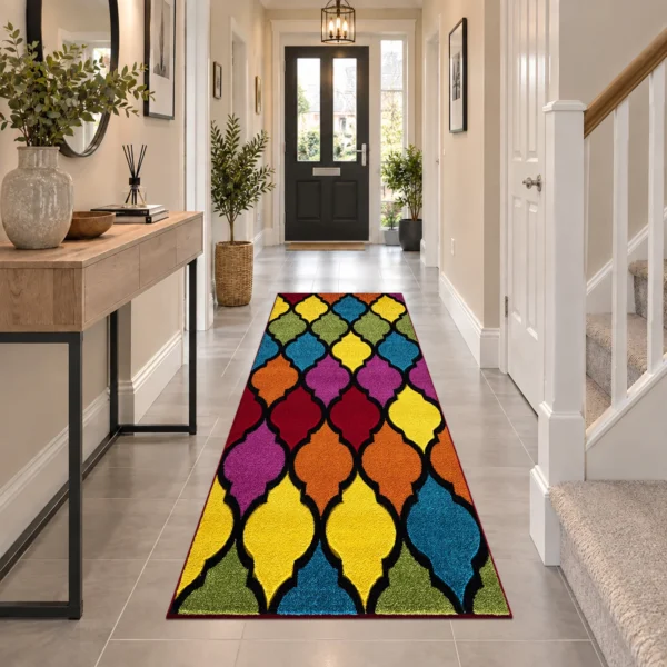 Multi Trellis multicolour geometric rug 60 x 220 cm, medium pile with jute backing, in a living room