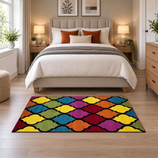 Multi Trellis multicolour geometric rug 80 x 150 cm, medium pile with jute backing, in a living room