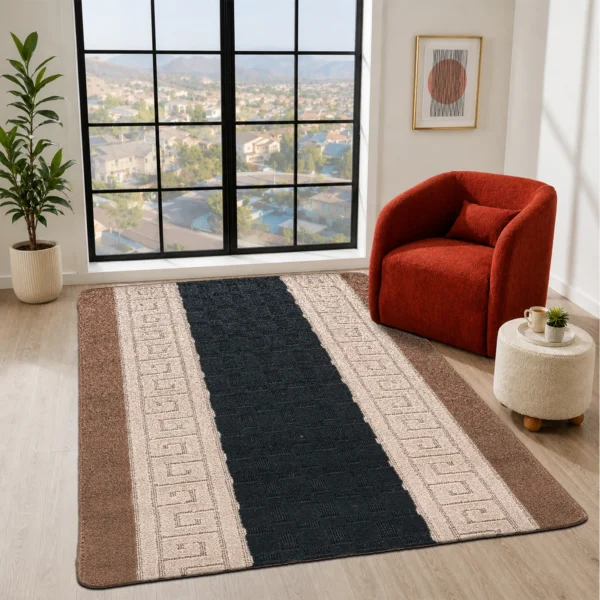 Nada Beige Black geometric rug 120 x 150 cm, low pile with non-slip gel back, in a room setting