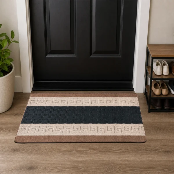 Nada Geometric Rug Beige Black 60 x 110 cm Nada Beige Black geometric rug 60 x 110 cm, low pile with non-slip gel back, in a room setting