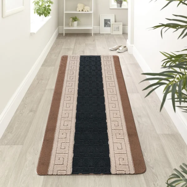 Nada Geometric Rug Beige Black 60 x 220 cm Nada Beige Black geometric rug 60 x 220 cm, low pile with non-slip gel back, in a room setting