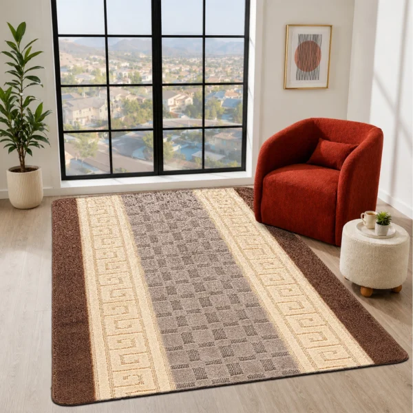 Nada Geometric Rug Beige Brown 120 x 150 cm Nada Beige Brown geometric rug 120 x 150 cm, low pile with non-slip gel back, in a room setting
