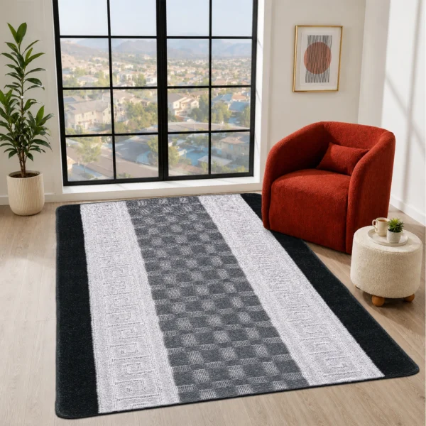 Nada Black Grey geometric rug 120 x 150 cm, low pile with non-slip gel back, in a room setting
