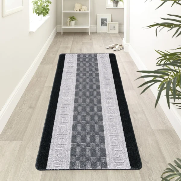 Nada Geometric Rug Black Grey 60 x 220 cm Nada Black Grey geometric rug 60 x 220 cm, low pile with non-slip gel back, in a room setting