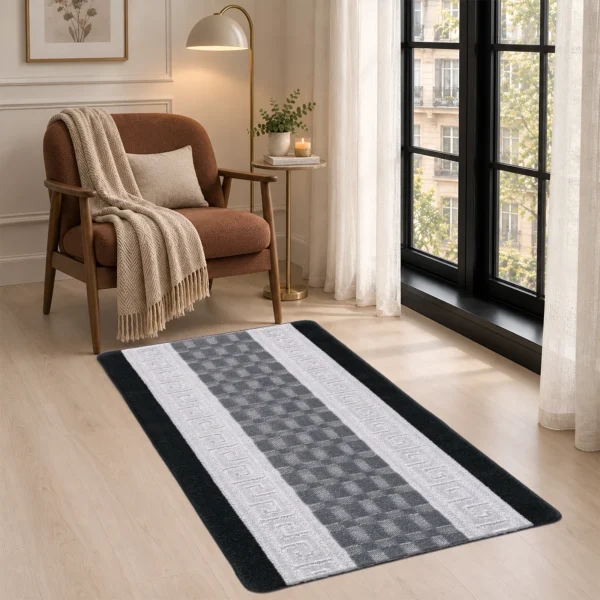 Nada Geometric Rug Black Grey 80 x 150 cm Nada Black Grey geometric rug 80 x 150 cm, low pile with non-slip gel back, in a room setting