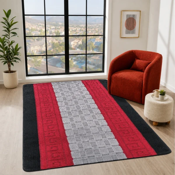 Nada Geometric Rug Black Grey Red 120 x 150 cm Nada Black Grey Red geometric rug 120 x 150 cm, low pile with non-slip gel back, in a room setting