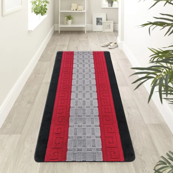 Nada Black Grey Red geometric rug 60 x 220 cm, low pile with non-slip gel back, in a room setting
