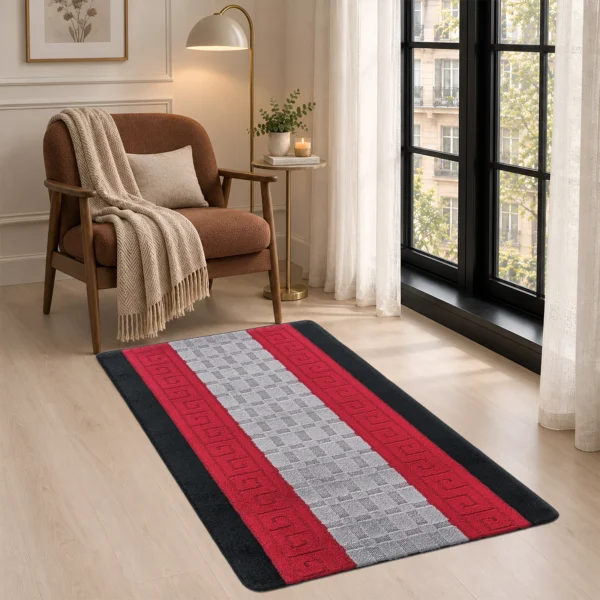 Nada Geometric Rug Black Grey Red 80 x 150 cm Nada Black Grey Red geometric rug 80 x 150 cm, low pile with non-slip gel back, in a room setting