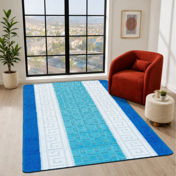 Nada Blue geometric rug 120 x 150 cm, low pile with non-slip gel back, in a room setting