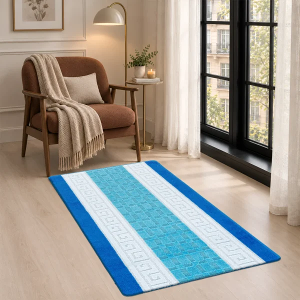 Nada Geometric Rug Blue 80 x 150 cm Nada Blue geometric rug 80 x 150 cm, low pile with non-slip gel back, in a room setting