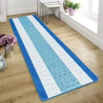 Nada Blue geometric rug 80 x 300 cm, low pile with non-slip gel back, in a room setting