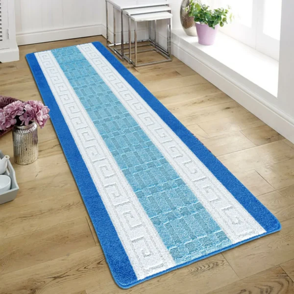 Nada Blue geometric rug 80 x 300 cm, low pile with non-slip gel back, in a room setting