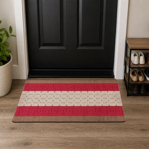 Nada Brown Red geometric rug 60 x 110 cm, low pile with non-slip gel back, in a room setting
