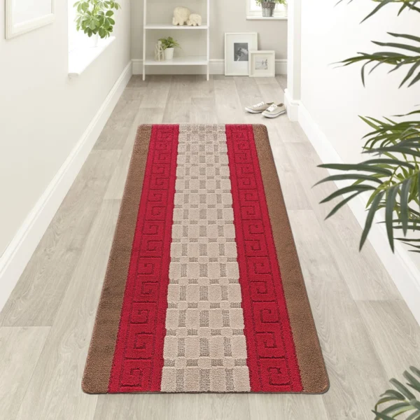 Nada Brown Red geometric rug 60 x 220 cm, low pile with non-slip gel back, in a room setting