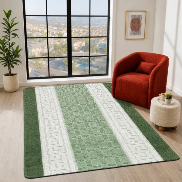 Nada Green geometric rug 120 x 150 cm, low pile with non-slip gel back, in a room setting