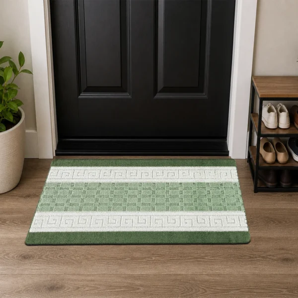 Nada Green geometric rug 60 x 110 cm, low pile with non-slip gel back, in a room setting
