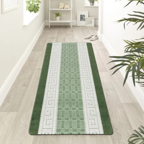 Nada Geometric Rug Green 60 x 220 cm Nada Green geometric rug 60 x 220 cm, low pile with non-slip gel back, in a room setting