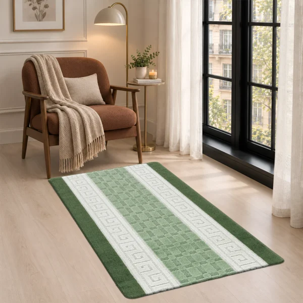 Nada Green geometric rug 80 x 150 cm, low pile with non-slip gel back, in a room setting