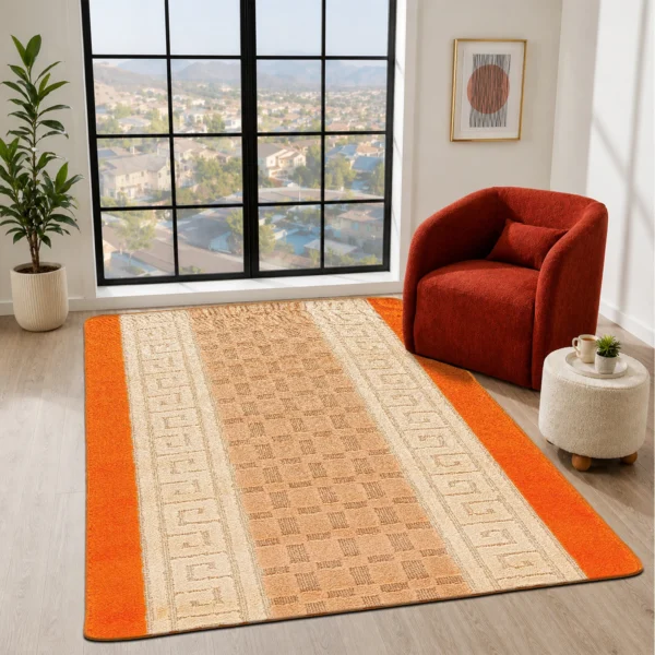 Nada Orange geometric rug 120 x 150 cm, low pile with non-slip gel back, in a room setting