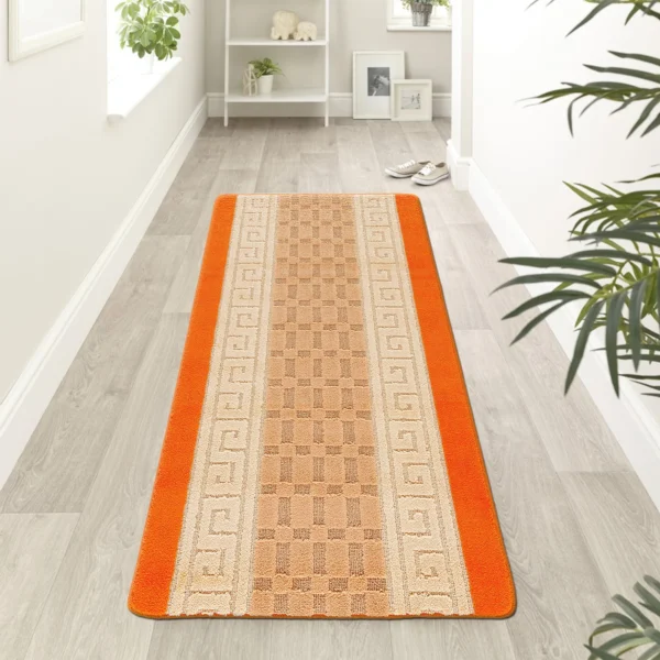Nada Geometric Rug Orange 60 x 220 cm Nada Orange geometric rug 60 x 220 cm, low pile with non-slip gel back, in a room setting