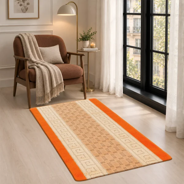 Nada Geometric Rug Orange 80 x 150 cm Nada Orange geometric rug 80 x 150 cm, low pile with non-slip gel back, in a room setting
