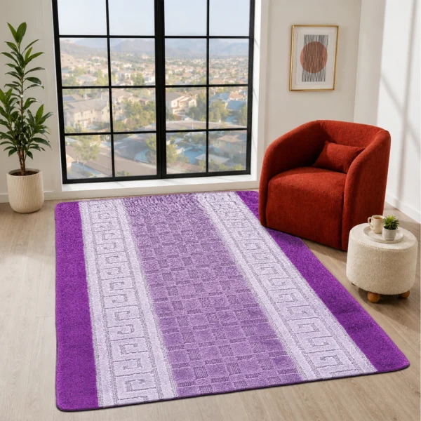 Nada Geometric Rug Purple 120 x 150 cm Nada Purple geometric rug 120 x 150 cm, low pile with non-slip gel back, in a room setting