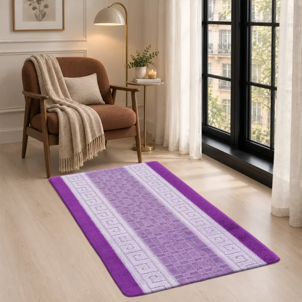 Nada Geometric Rug Purple 80 x 150 cm Nada Purple geometric rug 80 x 150 cm, low pile with non-slip gel back, in a room setting