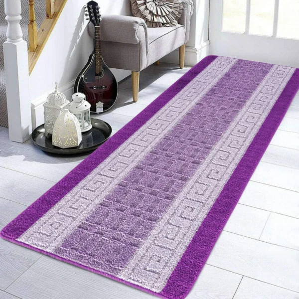 Nada Purple geometric rug 80 x 300 cm, low pile with non-slip gel back, in a room setting