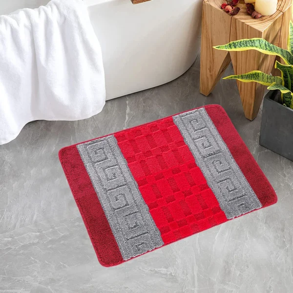Nada Red Grey geometric rug 40 x 60 cm, low pile with non-slip gel back, in a room setting