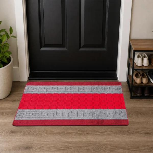 Nada Red Grey geometric rug 60 x 110 cm, low pile with non-slip gel back, in a room setting