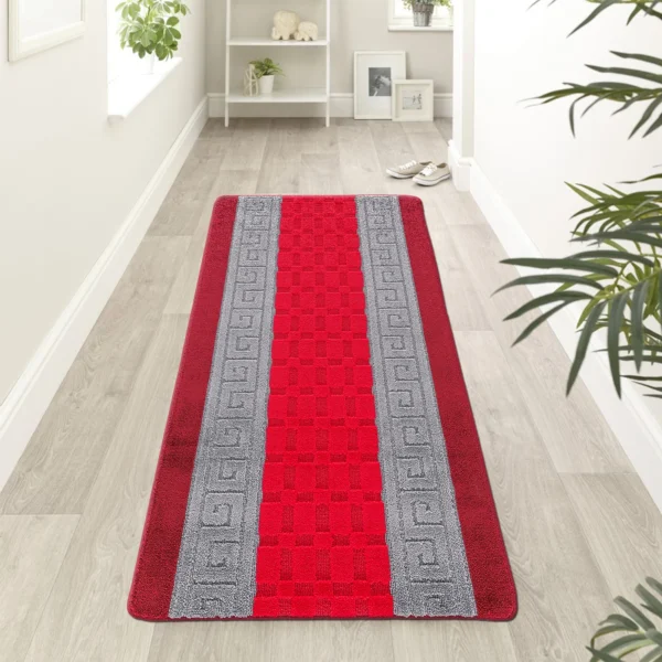 Nada Geometric Rug Red Grey 60 x 220 cm Nada Red Grey geometric rug 60 x 220 cm, low pile with non-slip gel back, in a room setting