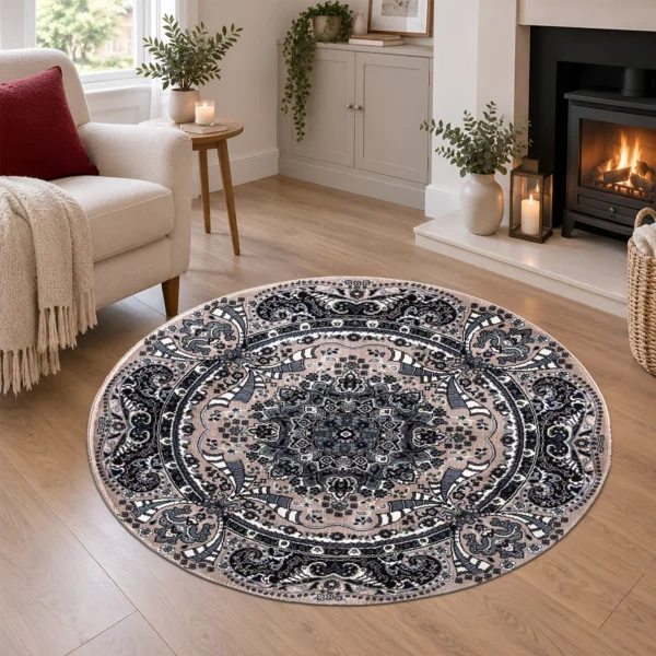 Rada Traditional Floral Rug Beige 120 x 120 cm Rada Beige traditional floral rug 120 x 120 cm, medium pile with jute backing, in a living room