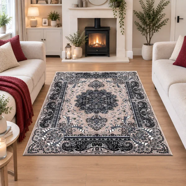 Rada Beige traditional floral rug 120 x 170 cm, medium pile with jute backing, in a living room