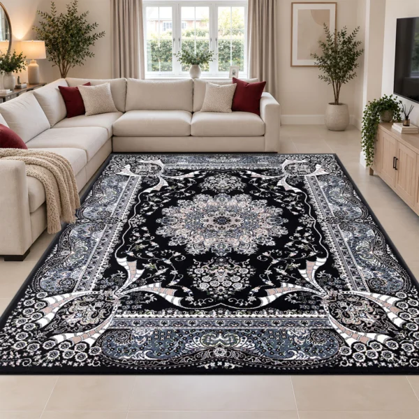 Rada Beige traditional floral rug 240 x 320 cm, medium pile with jute backing, in a living room